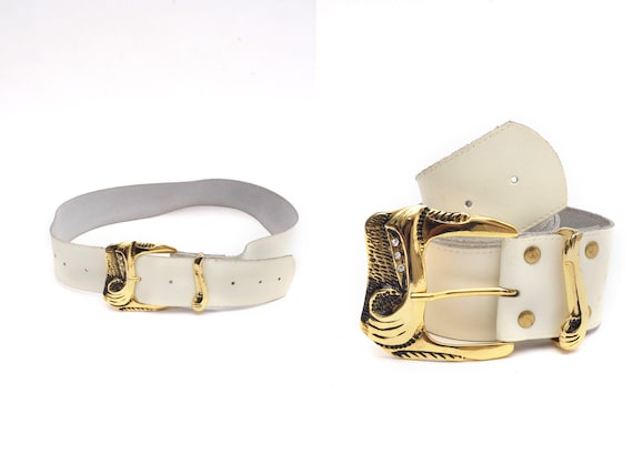Vintage 90s White Leather Belt With Large Gold Art Deco  display picture 1