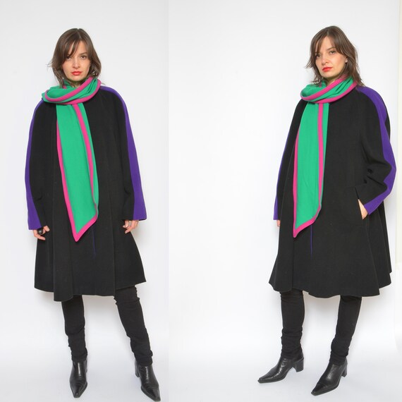 Color Blocking Wool Coat/ Vintage 80s Multi Color