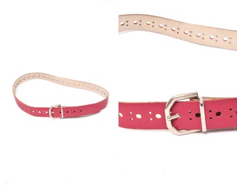 Vintage 90's Red Leather Belt with Silver Metal Buckle and Perforated Holes