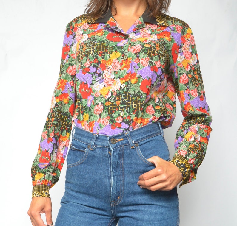 Floral Baroque Button Shirt Vintage 80s Long Sleeve Flower Print Blouse Size Large