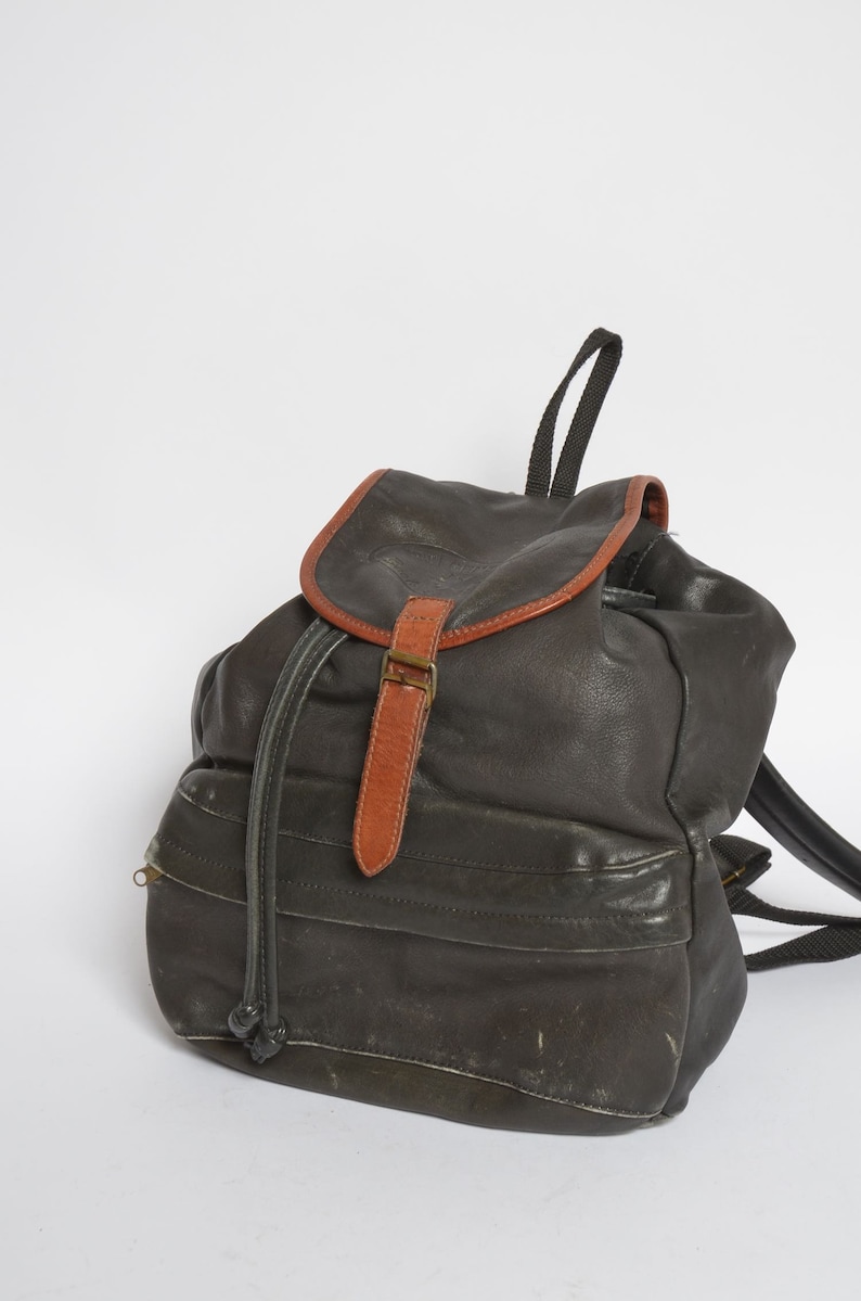 Large Vintage 90/'s Real Leather Black Backpack