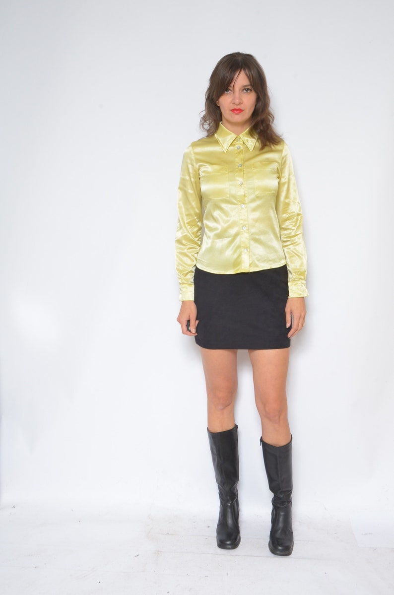 Satin Button Blouse Vintage 90s Fitted Long Sleeve Glossy yellow Shirt Size Small
