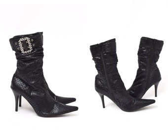 Vintage 90's Black Fabric Snakeskin Sock Boots with Large Rhinestone Double Prong Buckles - Size: 38 EU / 7.5 US / 5 UK