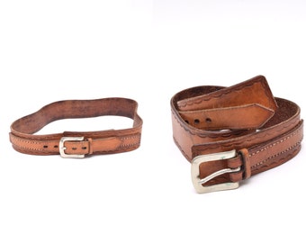 Vintage 90's Embossed Dark Brown Western Style Leather Belt with Silver Metal Buckle and Stitching