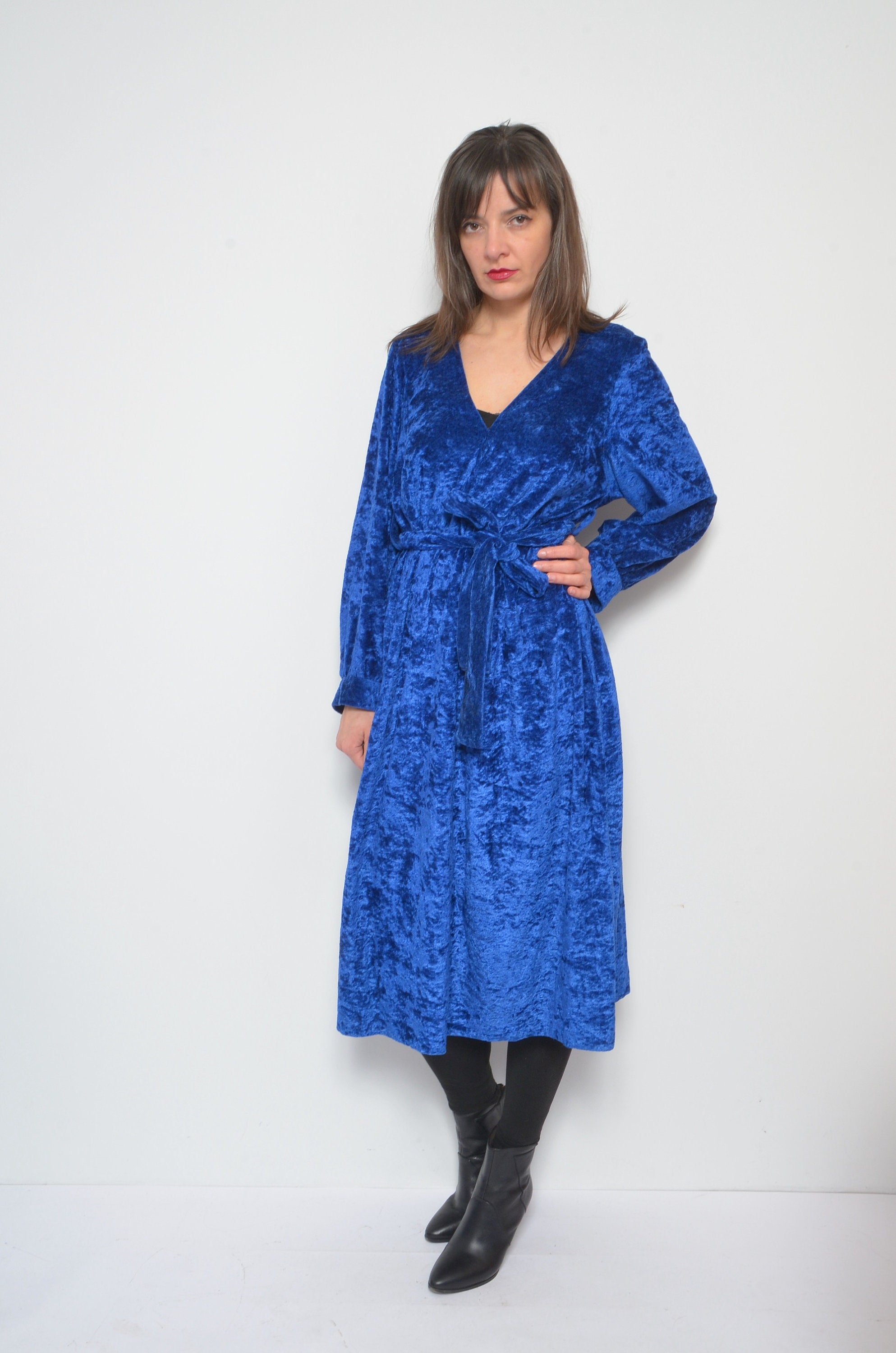 80s Vintage Blue Velvet Dress: Long Sleeve Tie Waist, Size Large