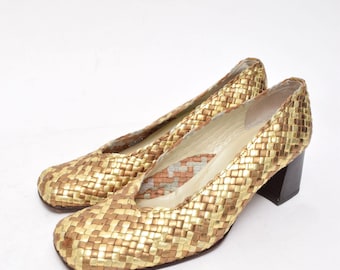 Vintage 90's Woven Gold and Bronze Chunky Heel Leather Pumps 07 20