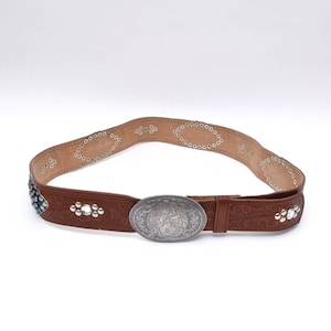 Vintage 90&#39;s Brown and Blue Leather Western Style Belt with Large Silver Buckle and Rhinestones