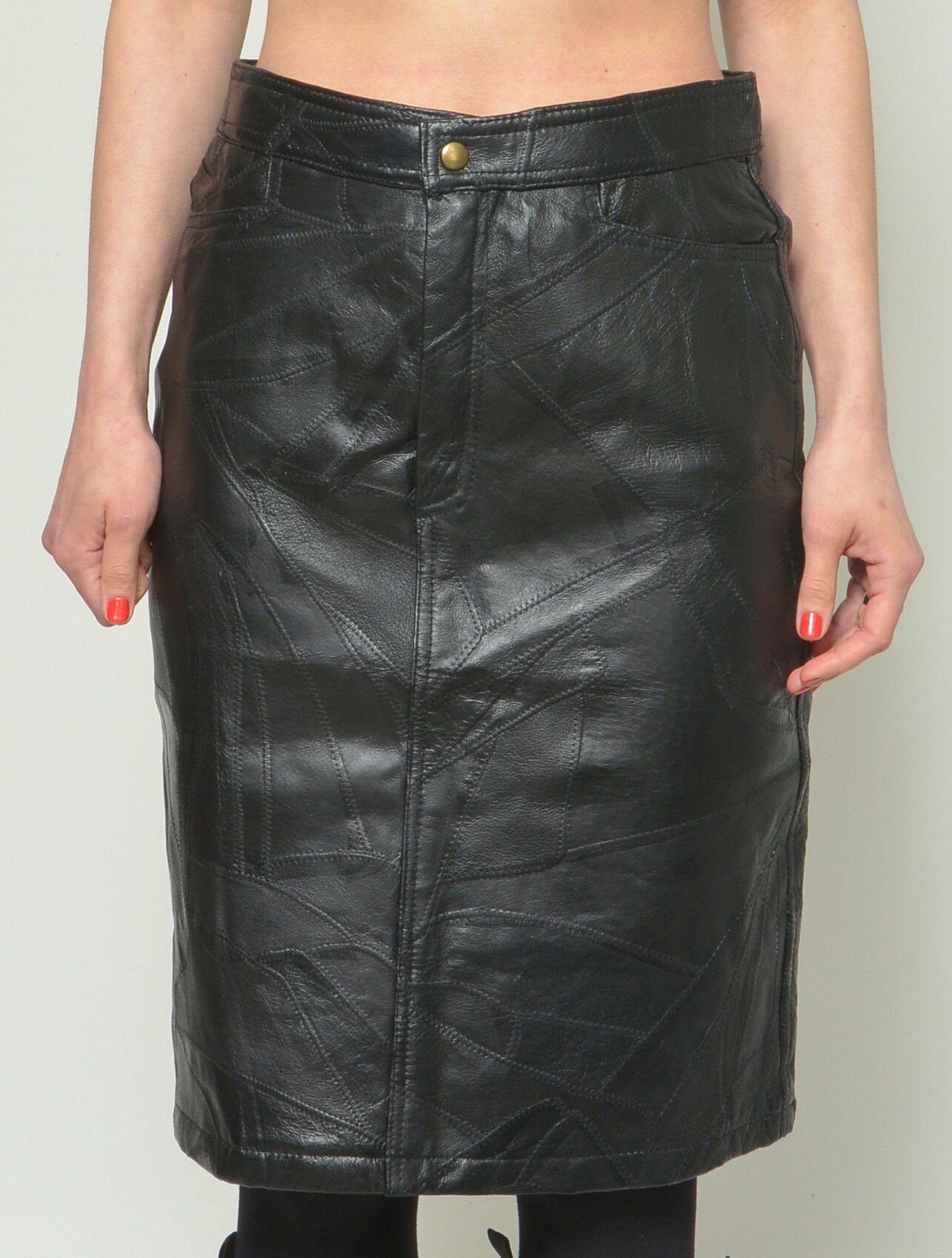 Patchwork Real Leather Skirt /vintage 90's High Waist
