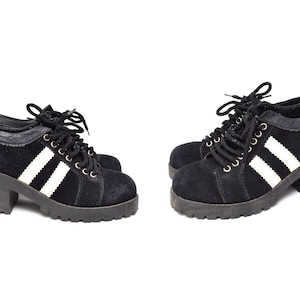 Vintage 90's Platform Black Suede Club Sneakers with Two White Stripes and Waffle Rubber Soles 07 20