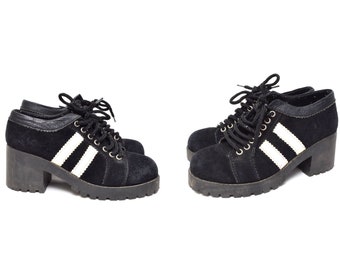 Vintage 90's Platform Black Suede Club Sneakers with Two White Stripes and Waffle Rubber Soles