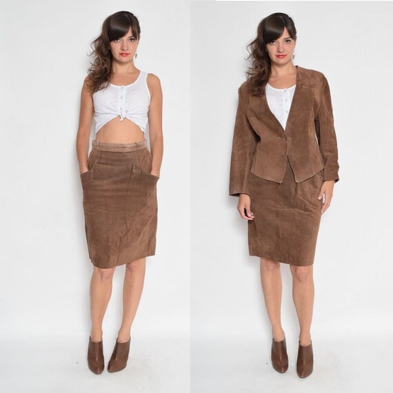 Brown suede skirt set deals