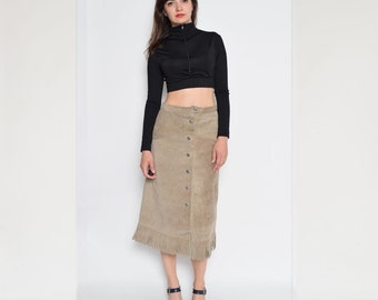 Vintage 80's Fringe Buttons Up Beige Suede Leather Skirt / High Waist Real Suede Leather Long Skirt - Size Medium