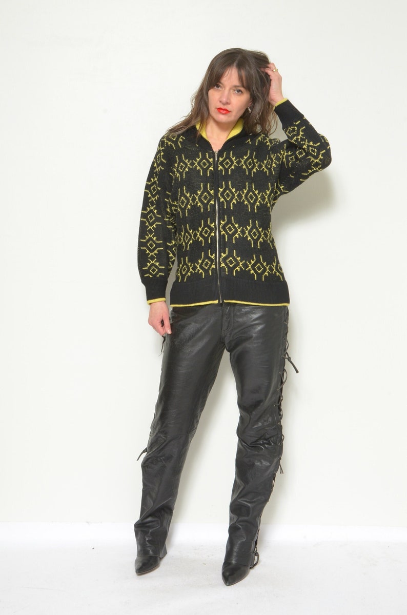 Vintage Wool Zipper Cardigan / Geometric Pattern Yellow And Black Sweater Size Small image 1