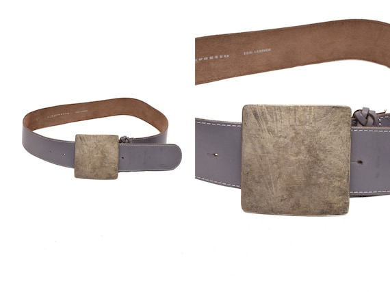 Vintage 90's Gray Italian Leather Belt with with … - image 1