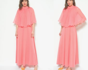 Vintage 70s Cape Maxi Dress - Sleeveless Accordion Pleated Pink Dress - Size Medium