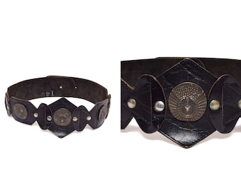 Vintage 90's Wide Black Leather Belt with Diamond Shaped Buckle and Brass Ornaments
