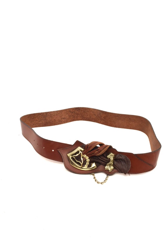 Vintage 80s Womens Wide Brown Nobuck Leather Waist Belt Ornate Gold Buckle M Leather Gold Vintage Belts for sale | eBay main image 4