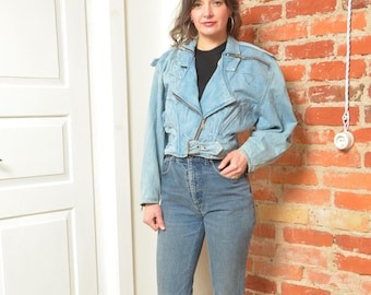 Vintage 80s Denim Moto Jacket Cropped Biker Jean Jacket Belted Waist  Small