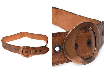 Vintage 90's Brown Leather Western Style Belt with Large Oval Copper Buckle and Flower Pattern Embossing