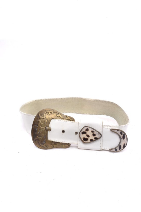 Vintage 80s Wide Leather Belt With Brass Metal Buckle and  display picture 1