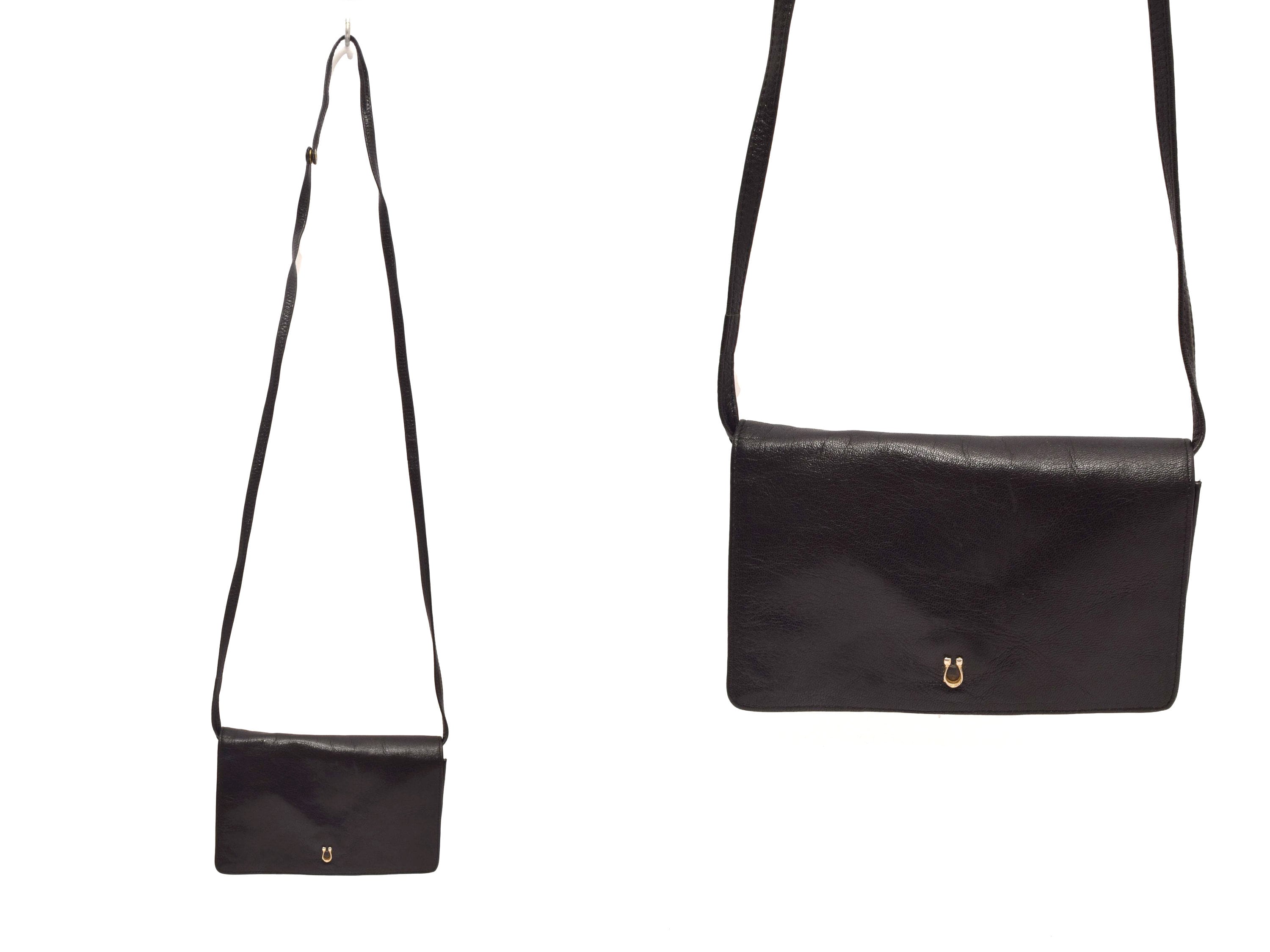 Vintage 80s Small Black Leather Shoulder Bag Purse With Long