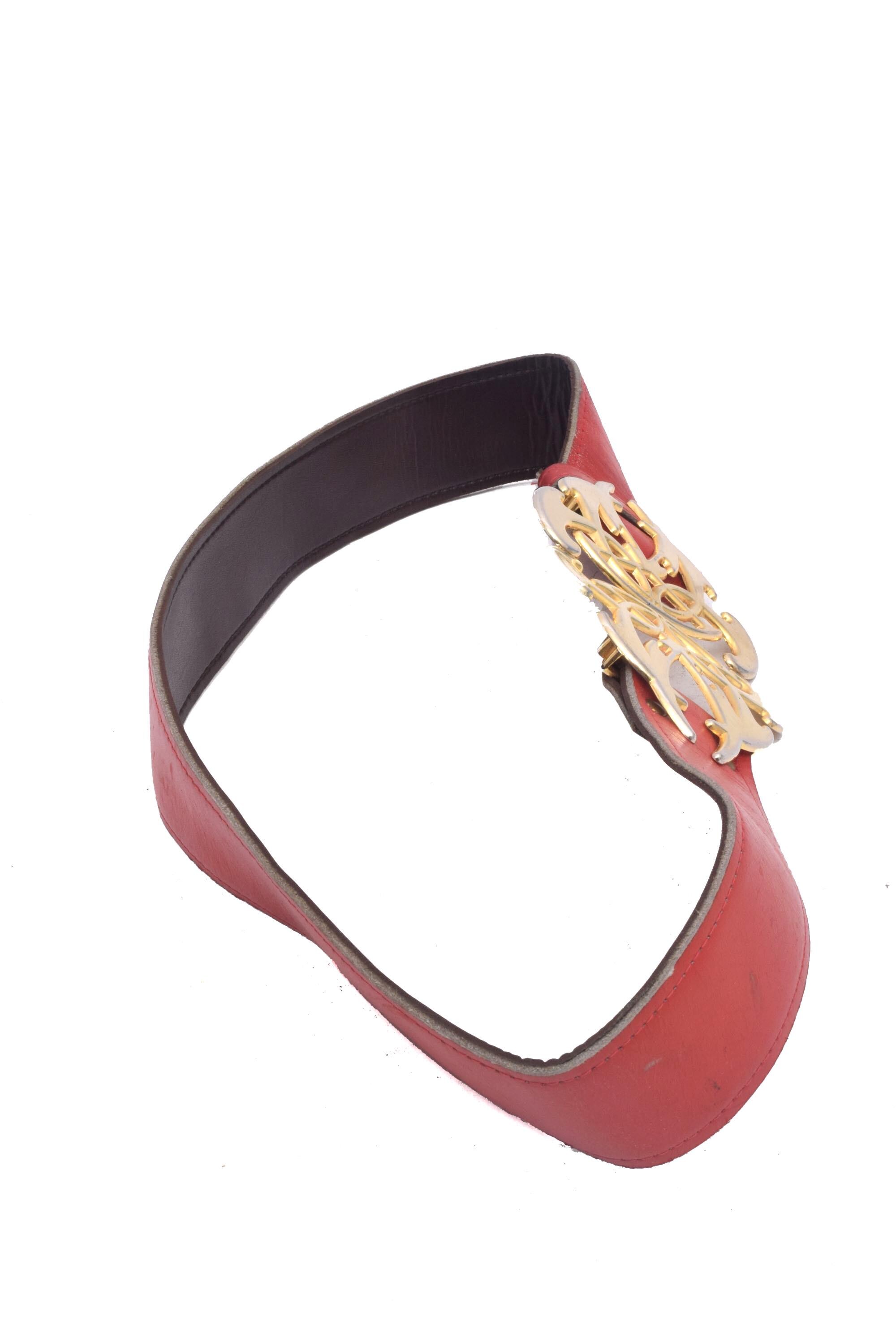 TWO Vintage 80\'s Leather Belts. One Red  with Gold Leaf Buckle. One Burgundy. Vintage 80 main image 4