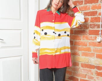 Vintage Abstract Print Blouse M Color Block Shirt Longline 80s 90s