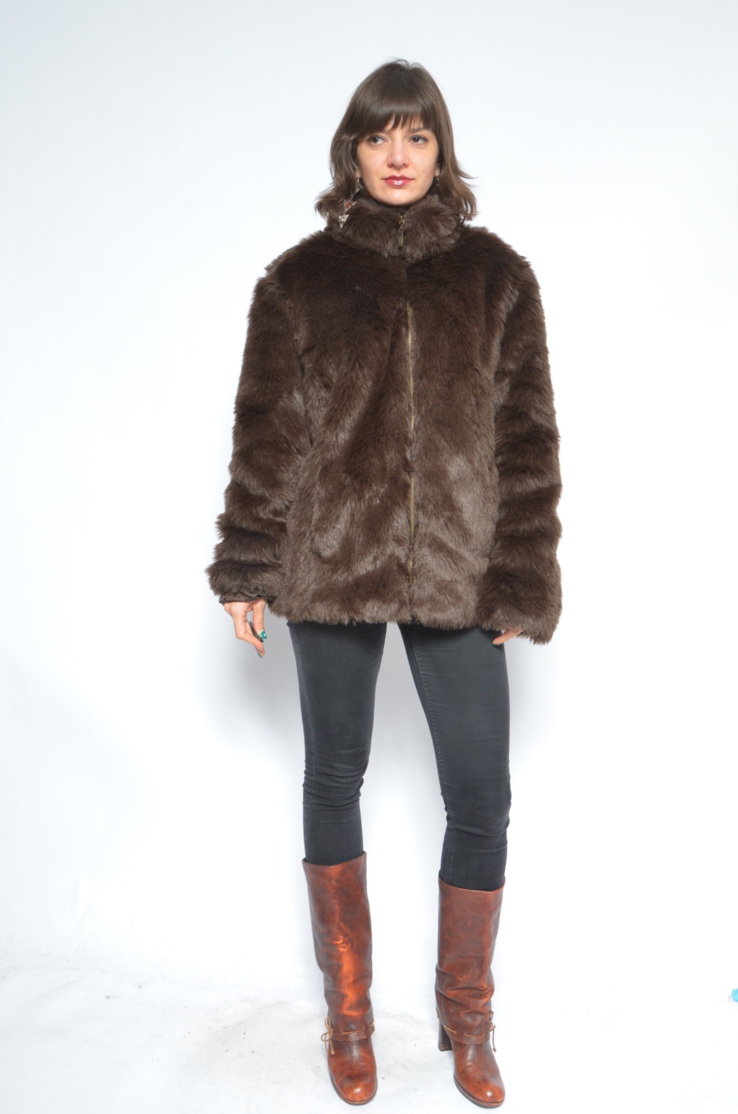 Faux Fur Zipper Jacket / Vintage 90s Fake Fur Short Winter Etsy