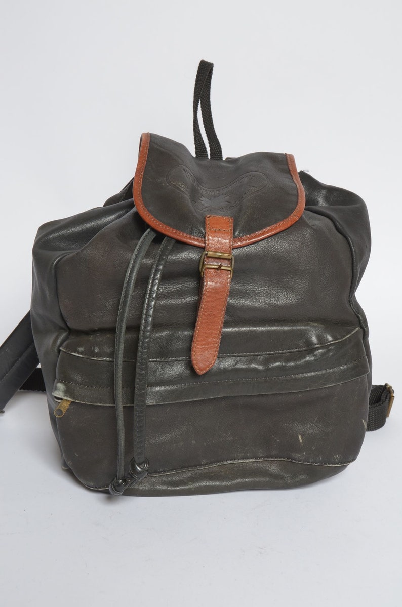 Large Vintage 90/'s Real Leather Black Backpack