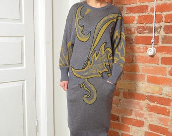 Vintage 80s Metallic Knit Dress • Grey Gold Oversized Sweater Dress • Size M