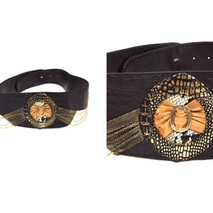 Vintage 80&#39;s Wide Leather Belt with Gold Chain Ornaments
