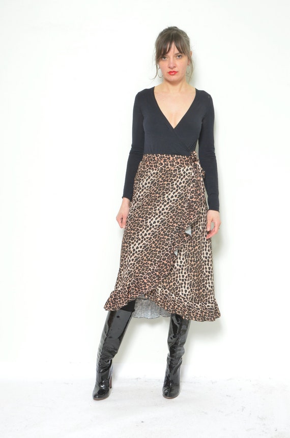 Leopard Print Wrap Up Skirt / Vintage 90s Animal … - image 1