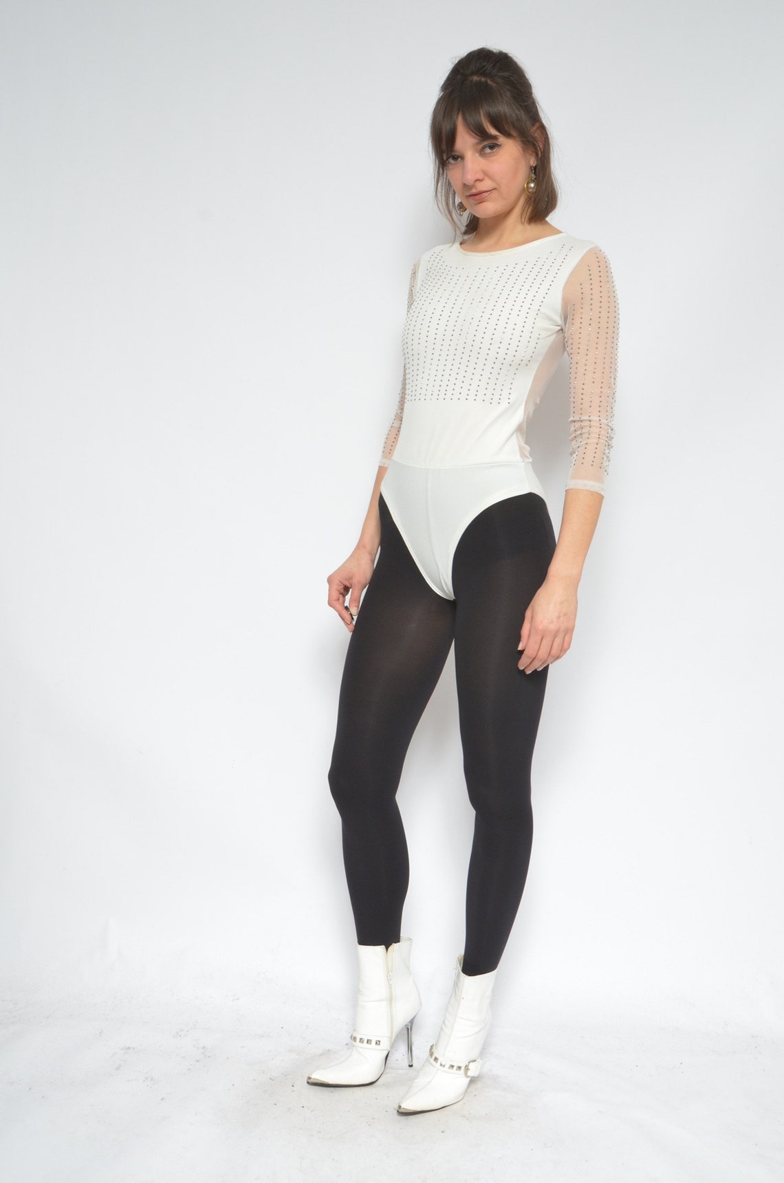 Rhinestone White Leotard / Vintage 90s Sheer Mesh Long Sleeve Etsy