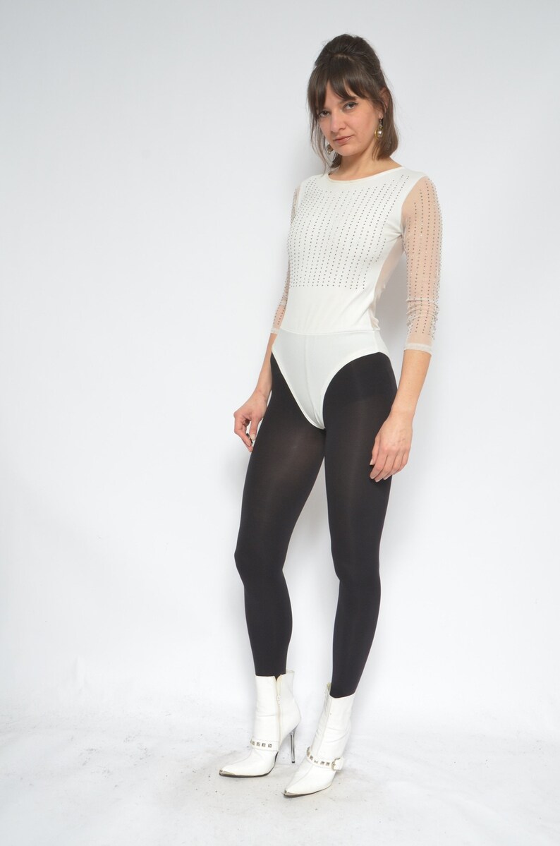 Rhinestone White Leotard / Vintage 90s Sheer Mesh Long Sleeve Etsy