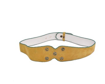Vintage 80s Suede Leather Belt: Edelweiss Floral Studs, Alpine Style - Small