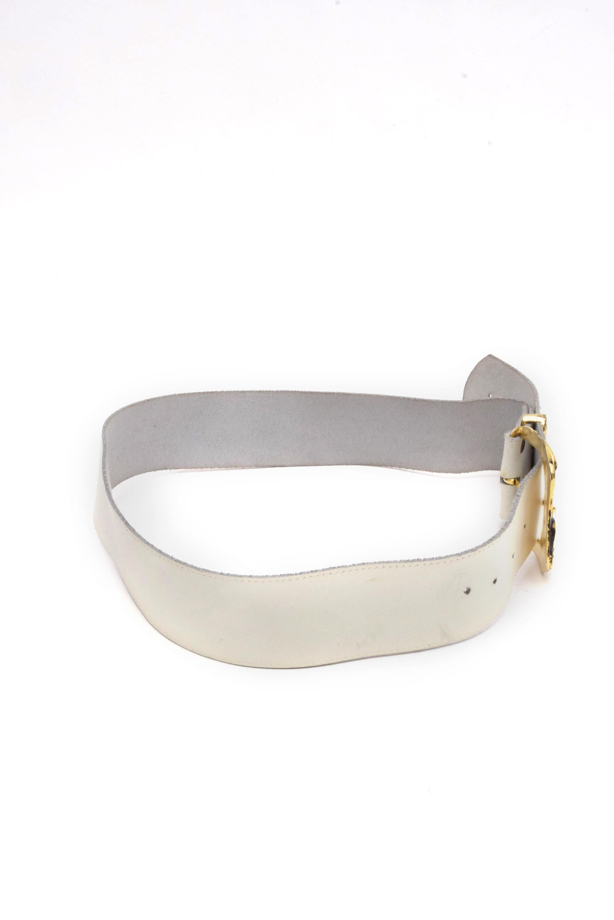 Vintage 90s White Leather Belt With Large Gold Art Deco  display picture 3
