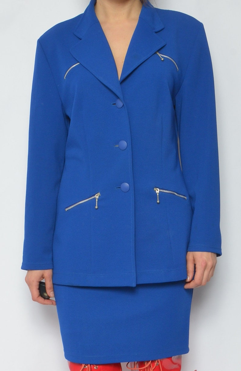 Two Piece Skirt Suit / Vintage 90s Blue Button Pocket Jacket And High Waist Skirt Matching Set Size Medium image 5