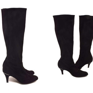 Vintage 90's Black Suede High Heel Sock Boots / Real Genuine Leather Pointy Toe And Heel Tall Shoes - Size 37 EU