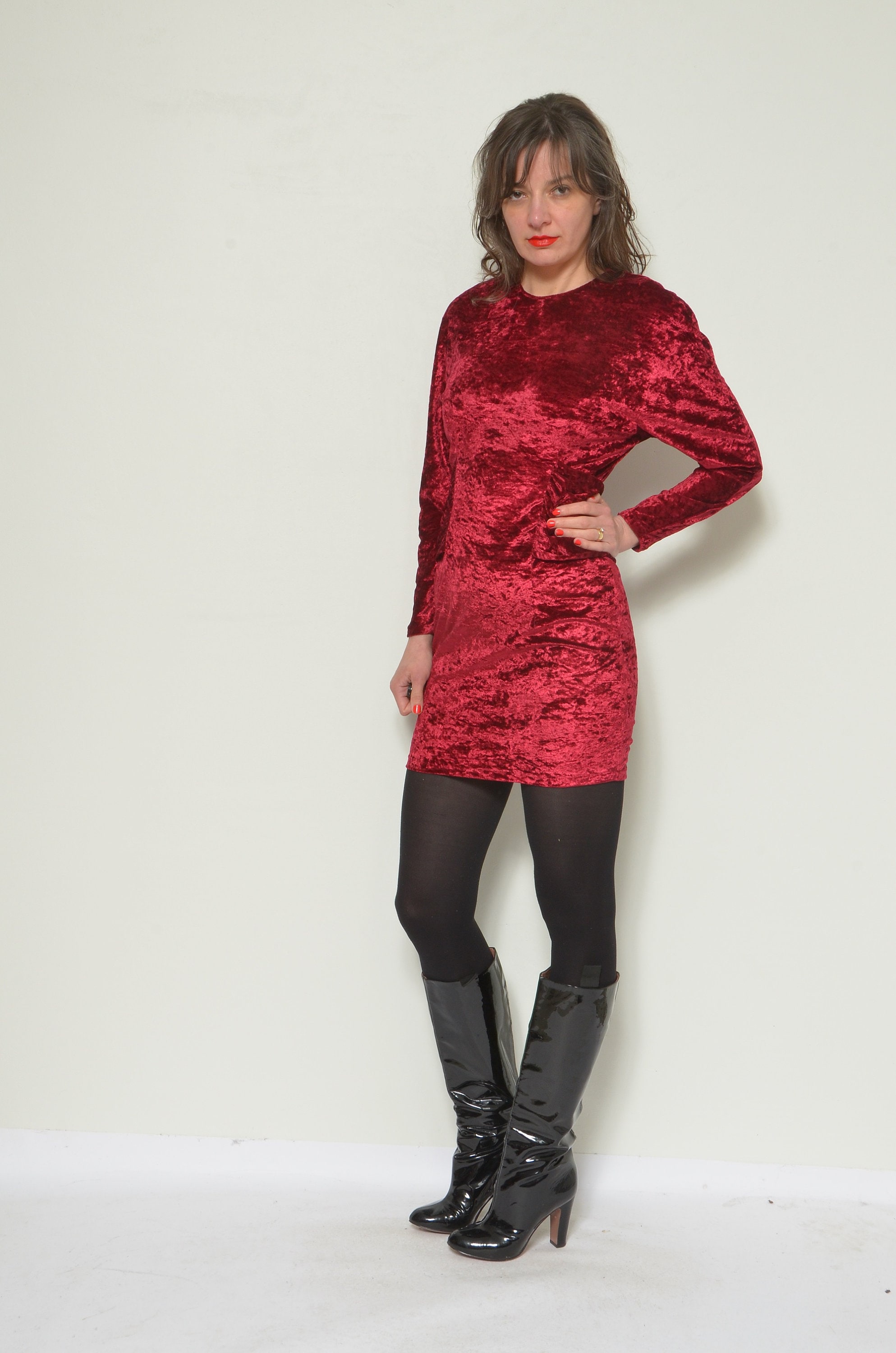 Vintage 80s Burgundy Velvet Dress /long Sleeve Short Mini Dress - Size  Small - Etsy