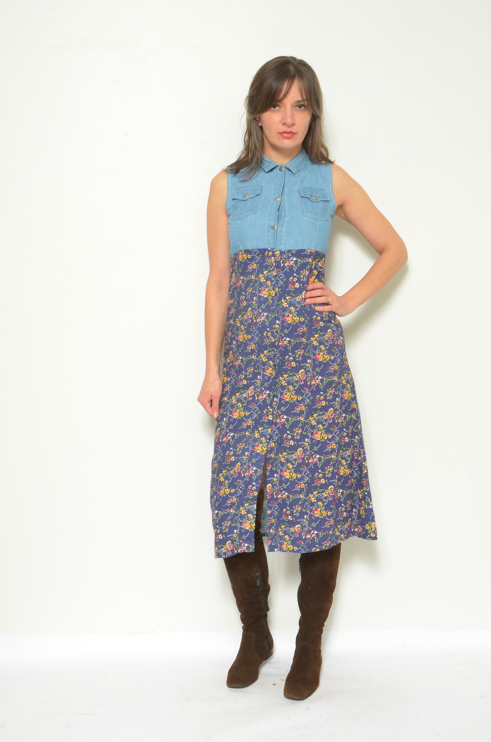 [ JEANS] Floral Button Belt Dress ★人気★ myzgx Women's Vintage Button Down Denim Shirt Dress 3/4