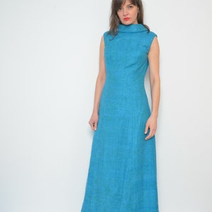 70&#39;s Tweed Maxi Dress / Vintage Sleeveless Collared Turquoise Long  Dress - Size Medium