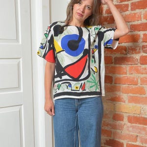 Vintage Abstract Art Print Blouse – Size Small, Colorful 80s Short Sleeve Top, Geometric Graphic Tee