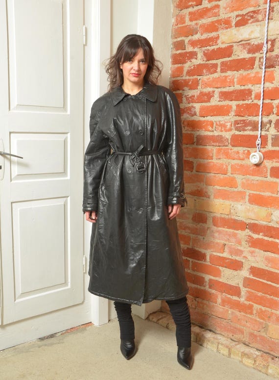 Vintage 80s Faux Leather Trench Coat | Black Belted Coat | Size L