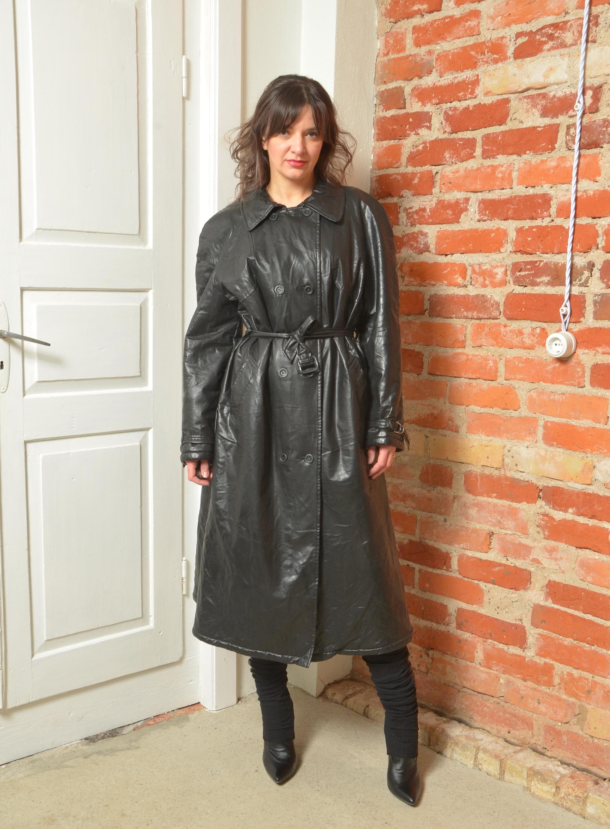 Vintage 80s Faux Leather Trench Coat | Black Belted Coat | Size L