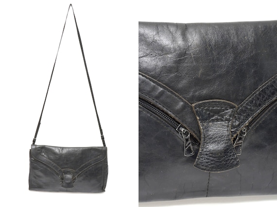Vintage 90s Black Leather Shoulder Bag With Zipper Pockets - Etsy