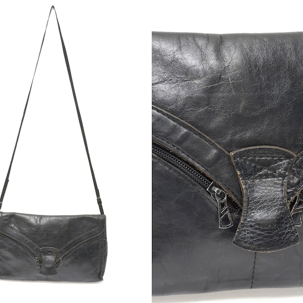 Vintage 90's Black Real Leather Small Shoulder Bag Purse with Two Diagonal Curved Front Zipper Pockets and Nylon Strap