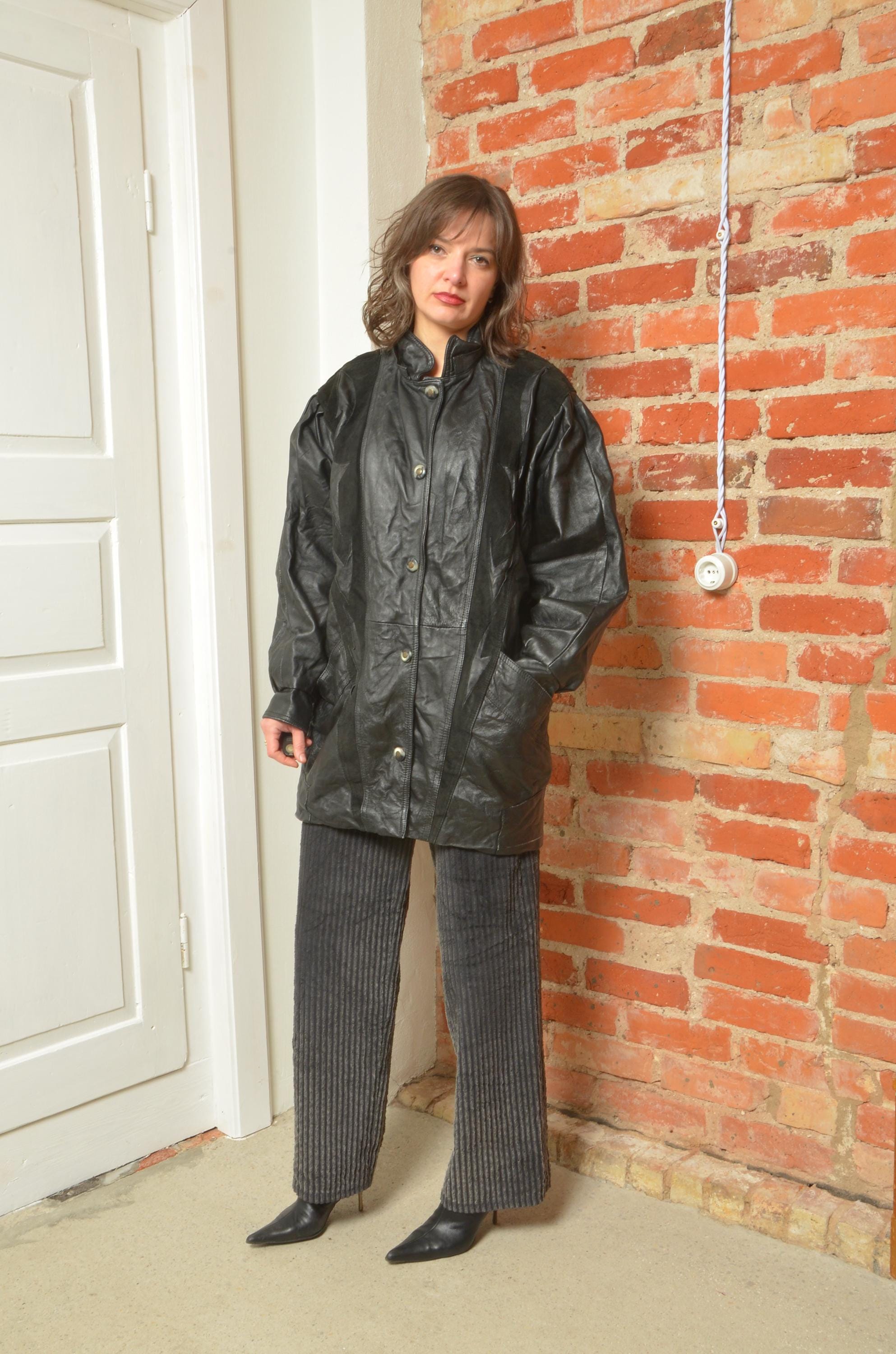 Vintage 80s Real Leather Oversized Snap Button Jacket - Size L/M