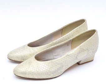 Vintage 90's Yellow Beige Snakeskin Real Leather Pump Shoes - Size 38