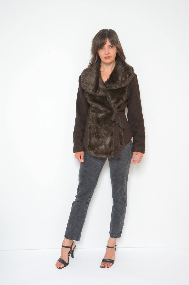 Wool Faux Fur Jacket / Vintage 00s Lana Wool Wrap Up Belt Blazer Size Medium image 1