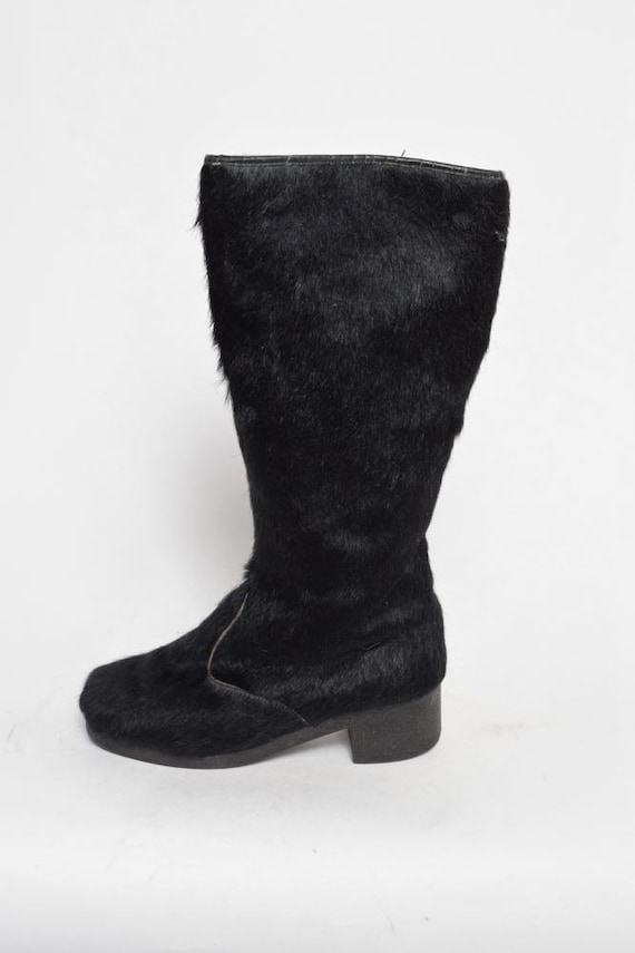 Vintage 70's Black Fur Chunky Heel Shoes Boots - image 2